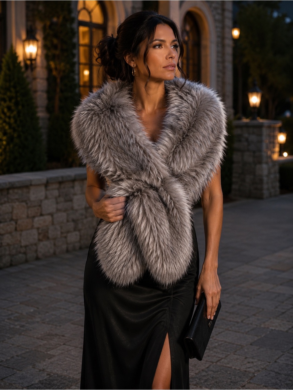 La Fiorentina Faux Fur Pull-Through Stole Scarf – Gray – Excellent Condition